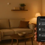 A cozy living room displaying micro-sensors and real-time AI monitoring.