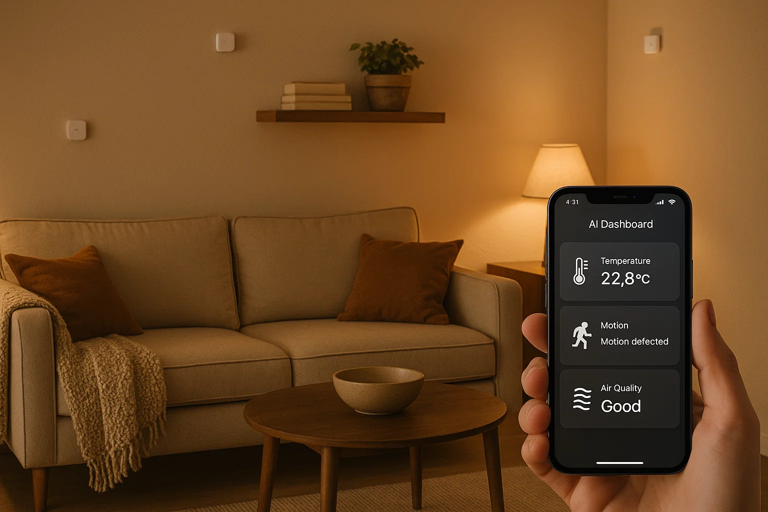 A cozy living room displaying micro-sensors and real-time AI monitoring.
