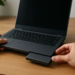 Modular Laptop Battery Being Swapped on Desk