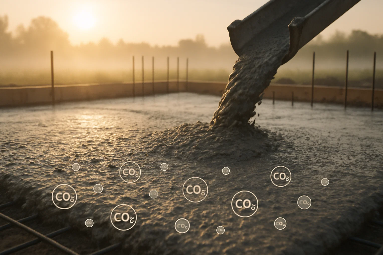 Carbon-negative concrete during an early morning pour