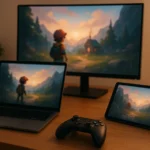 Multi-device setup showing cross-platform cloud gaming layout