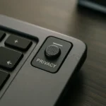 Close-up hardware privacy switch on workstation laptop