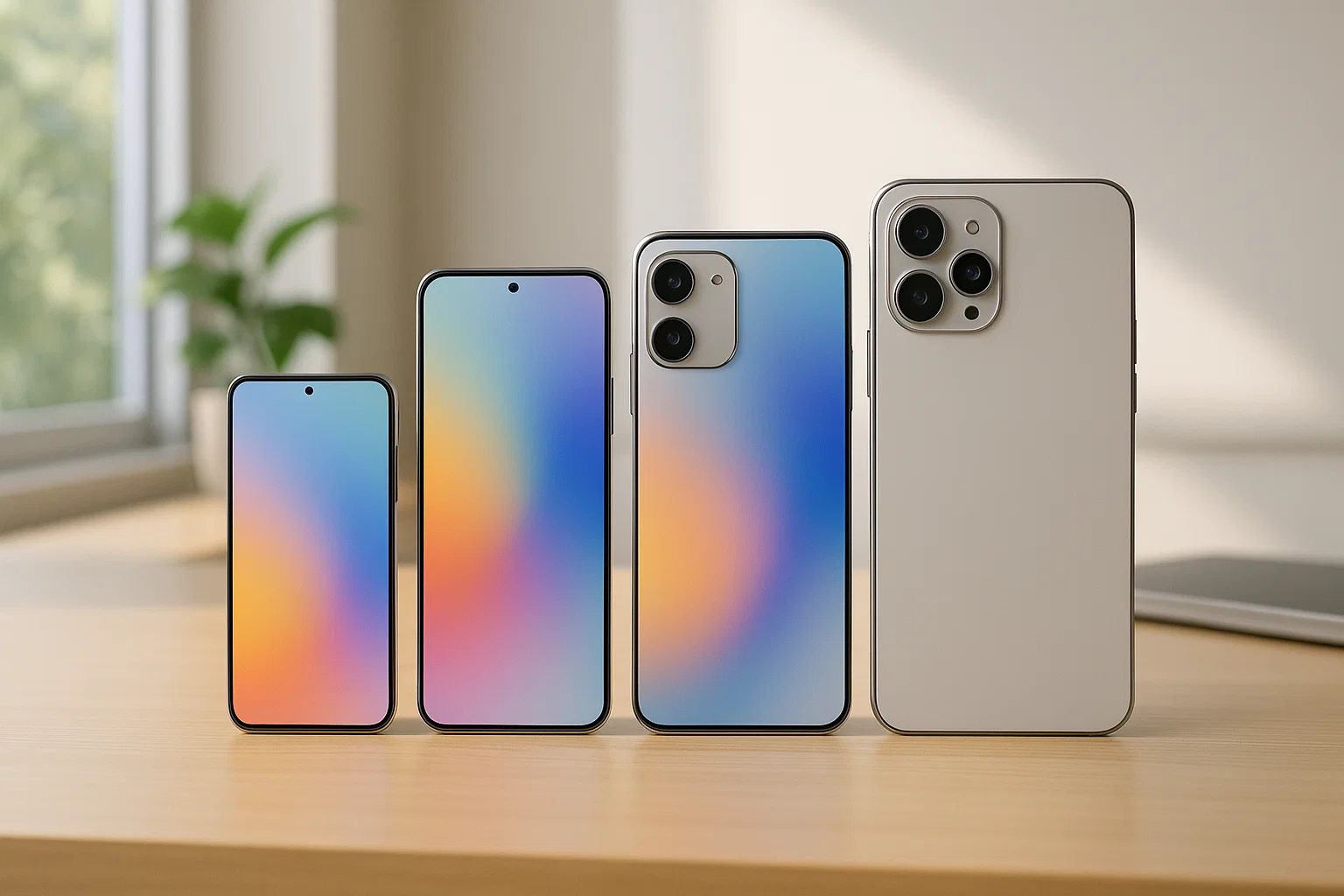 Preview of upcoming smartphone lineup on a desk