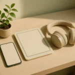 Modern gadgets on a clean desk with soft natural light and plant.
