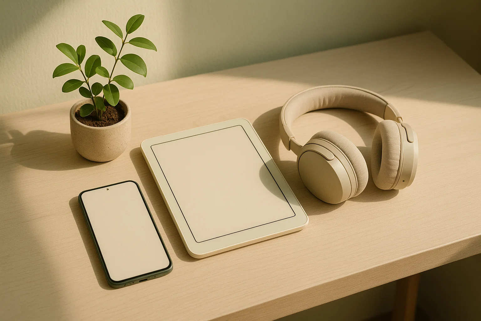 Modern gadgets on a clean desk with soft natural light and plant.