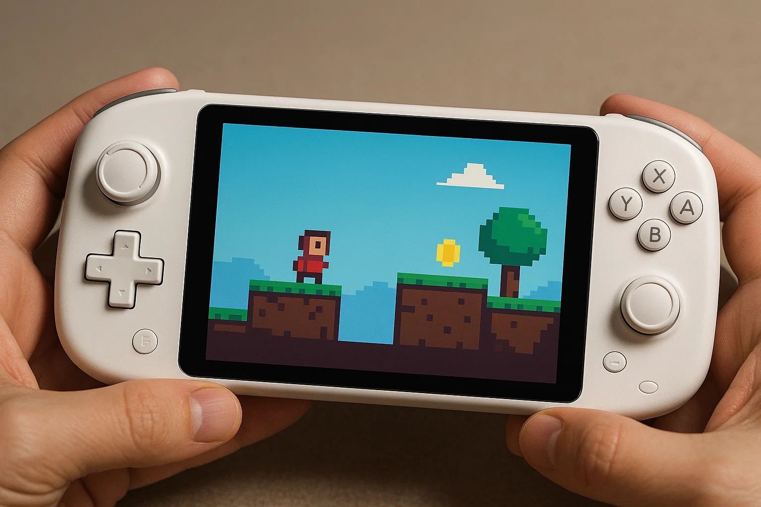 Handheld Displaying Minimalist Platformer Gameplay